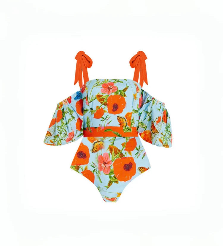 Floral Puff Sleeve Bandeau One-Piece Swimsuit