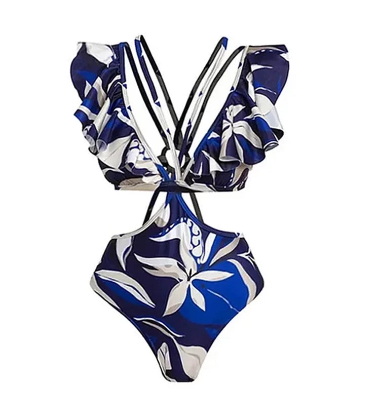 Off-Shoulder Tie-String Printed Cutout Monokini