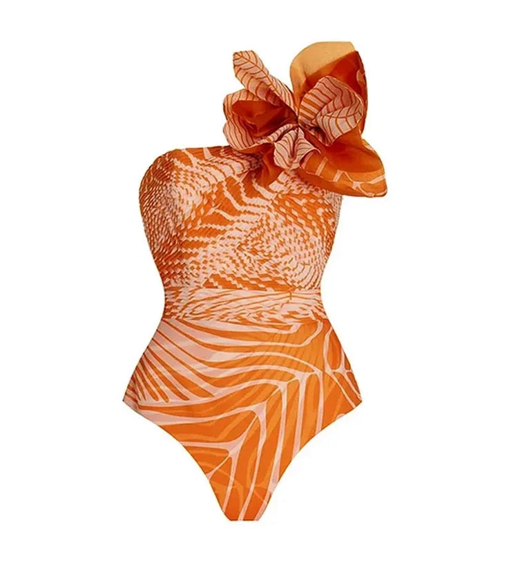 One-Shoulder Floral Salmon Print Swimsuit