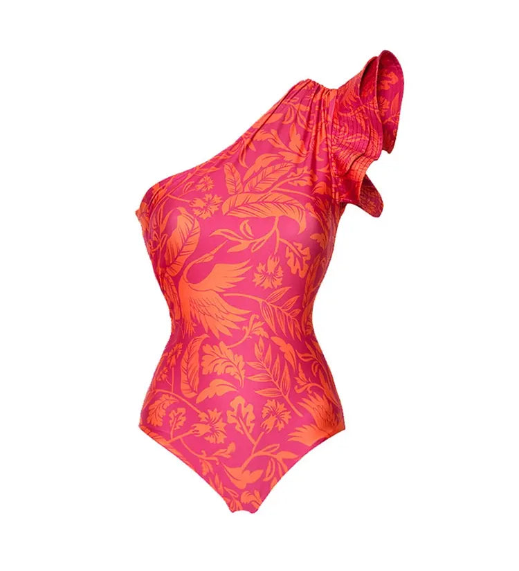 One Shoulder Ruffle Print One Piece Swimsuit Set