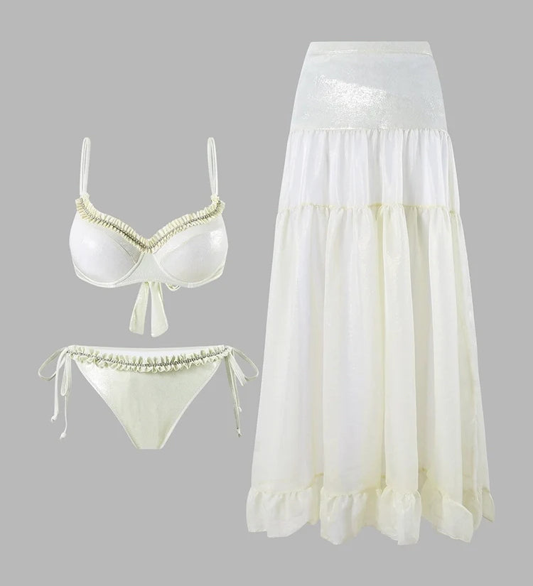 Ruched Tie-String Glossy White Bikini Set