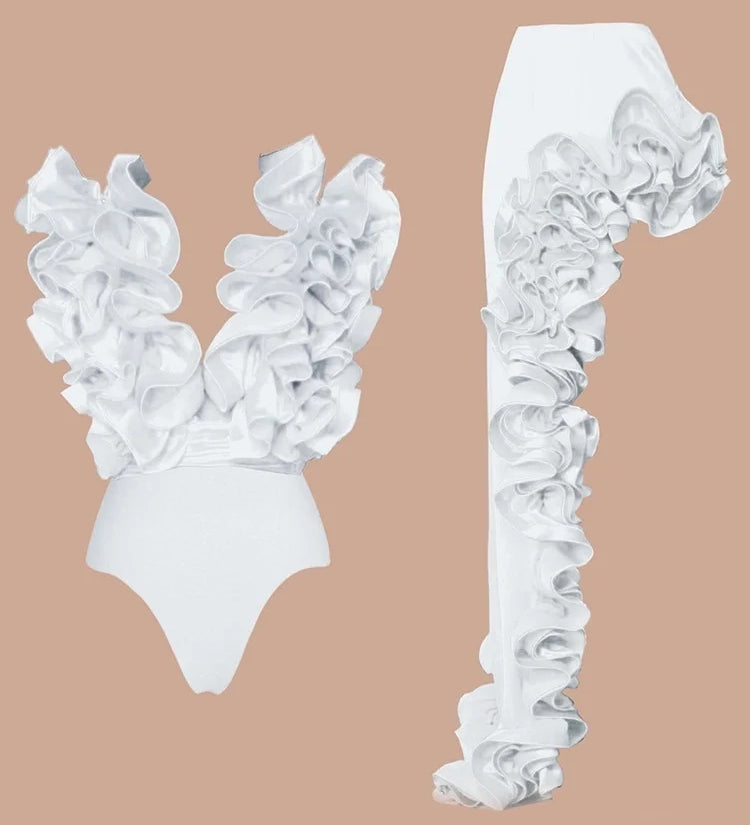 White V-Neck Ruffle Swimsuit