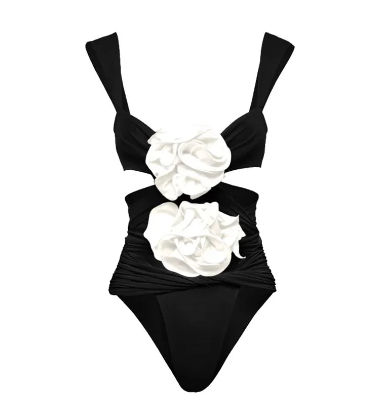 3D Floral Black Swimsuit Set