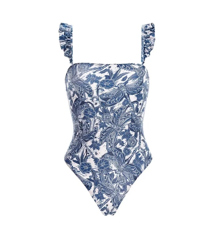 Blue Dragonfly Ruffle One-Piece Swimsuit