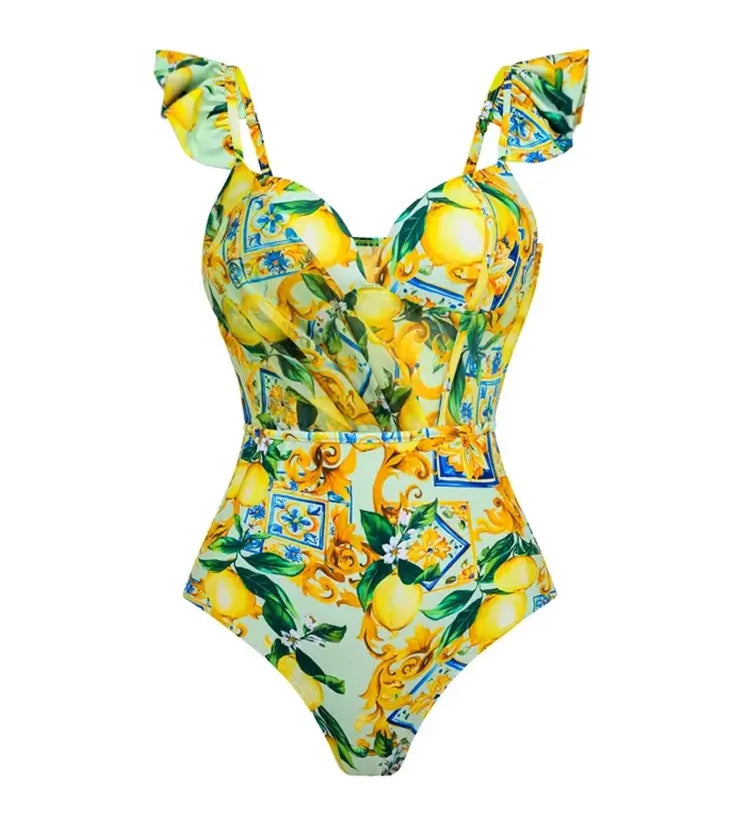 Mesh Lemon Print Swimsuit Set