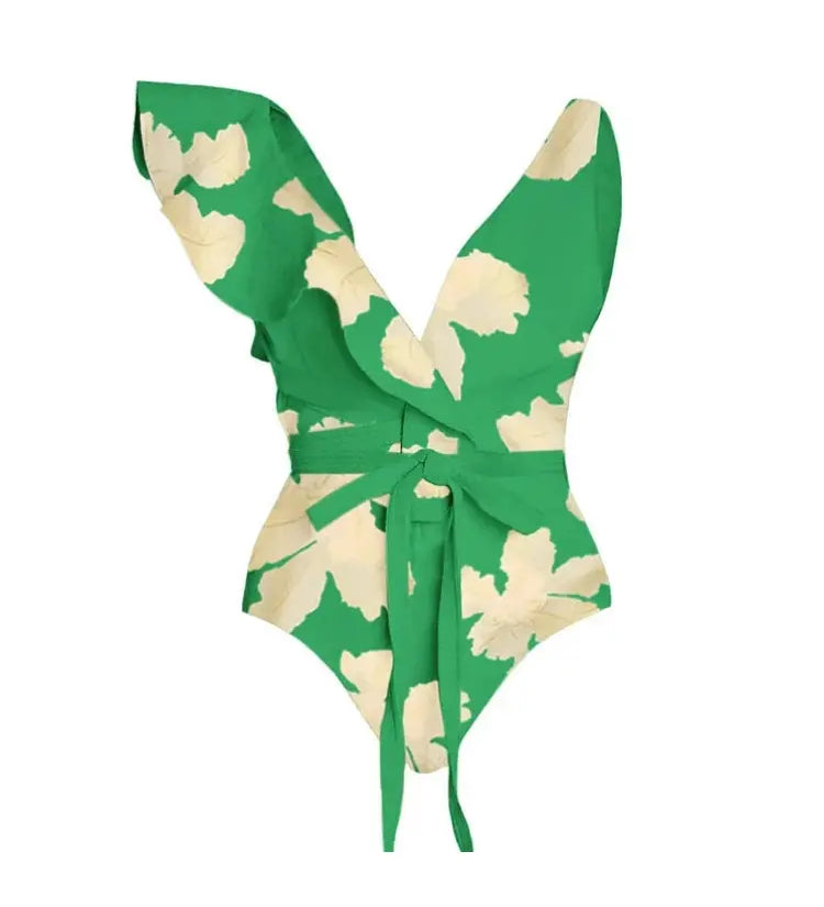 Belted Printed Swimsuits with Wrap Skirt Set