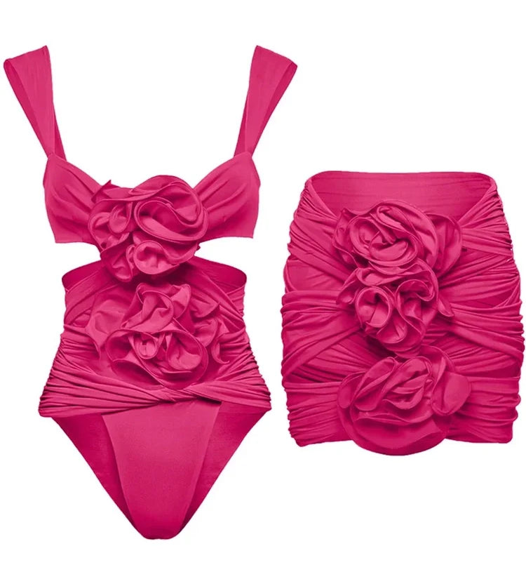 3D Floral Cutout Strappy Swimsuit Set