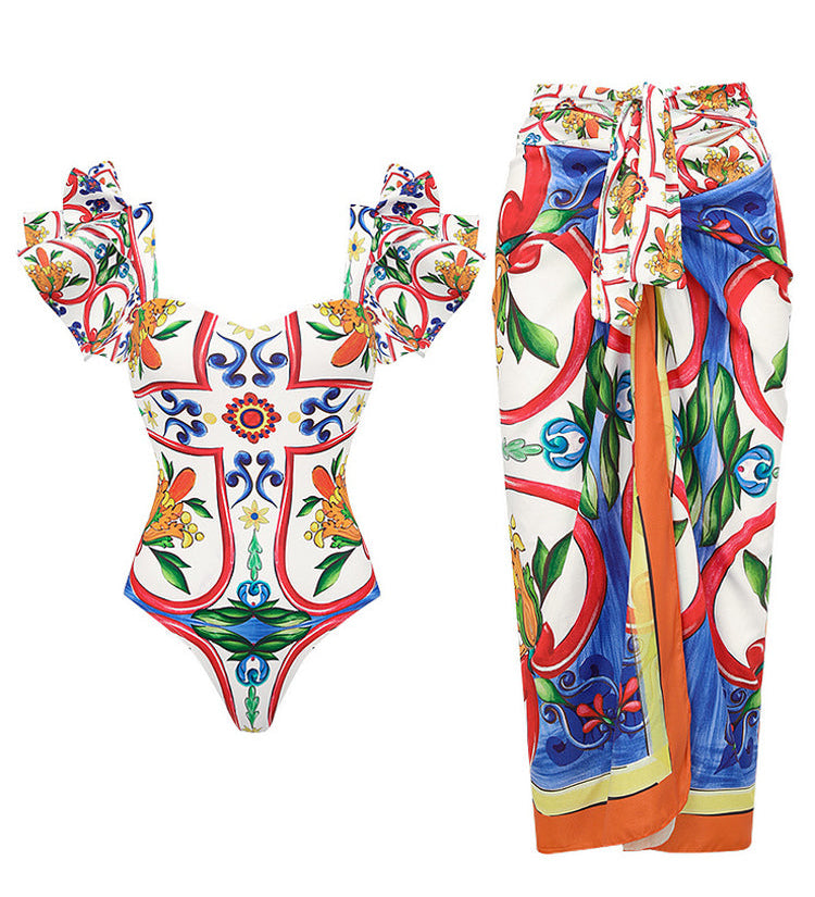 Ruffle Enamel Floral Bikini Swimsuit Set