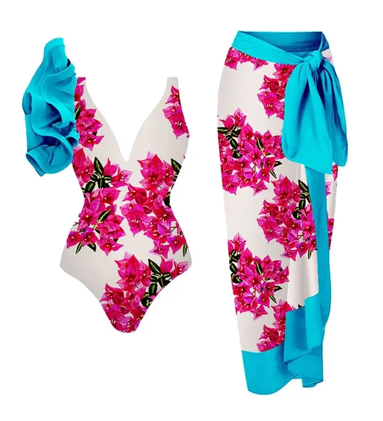Floral Ruffle One Piece Swimwear Set