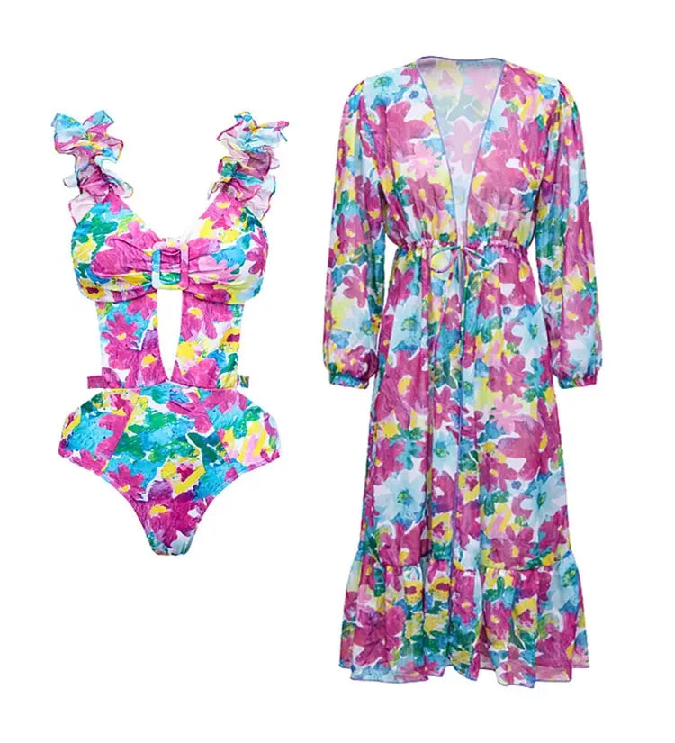Cutout One Piece Swimsuit Set with Cover Up