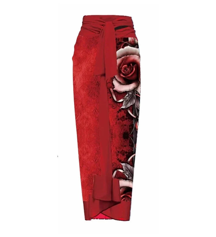 3D Red Floral Print One-Piece Swimsuit Set