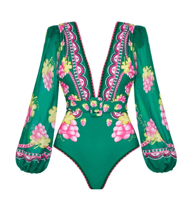 Deep V Retro Print Long Sleeve Swimsuit Set