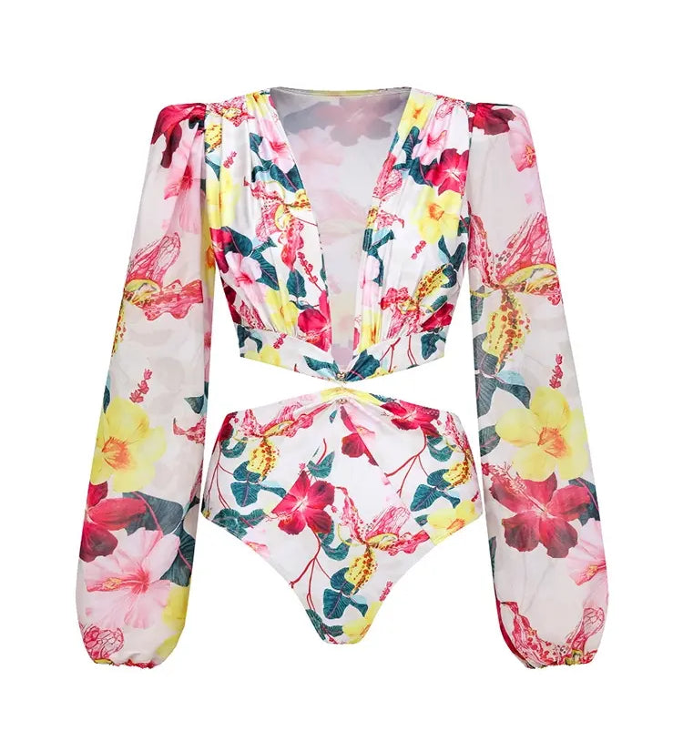 3D Floral Cutout Swimsuit One Piece Set