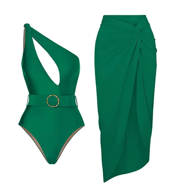 Solid Color Elegant One-Piece Swimsuit Set