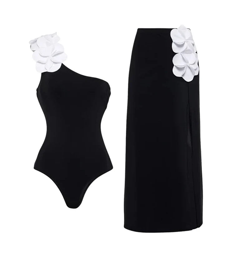 3D Floral One-Shoulder Black Swimsuit