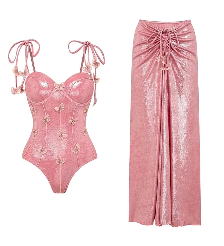 Pink Glossy One-Piece with 3D Butterfly