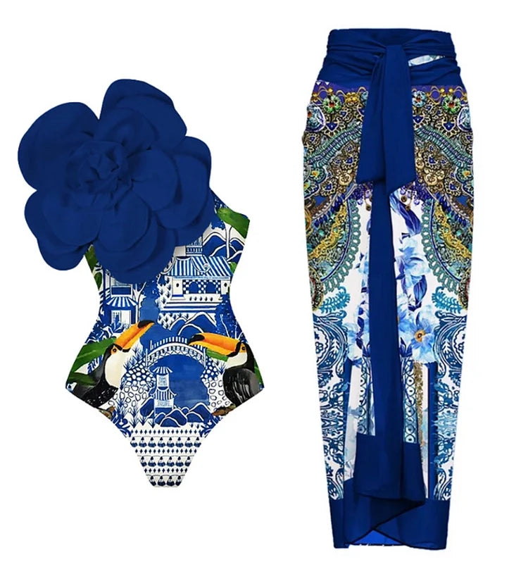 Blue 3D Floral Embellished Swimsuit