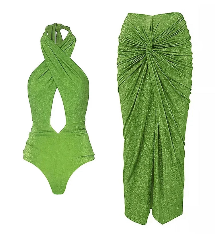 Sparkling Fabric Halter Neck Sexy Swimsuit Set