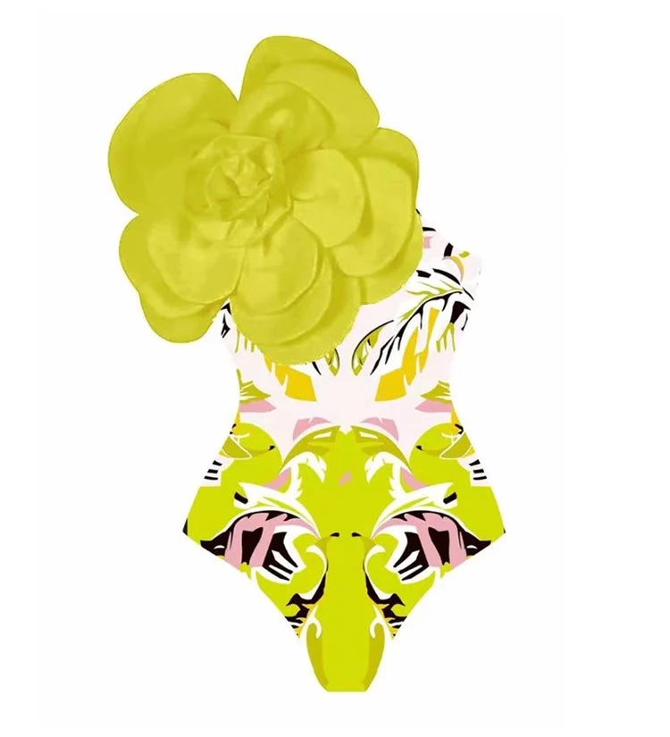Floral Print One-Piece with 3D Yellow Flower
