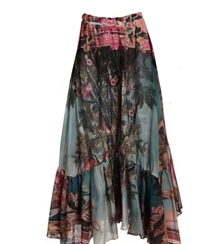 Vintage Print Cutout Swimsuit with Long Sleeves