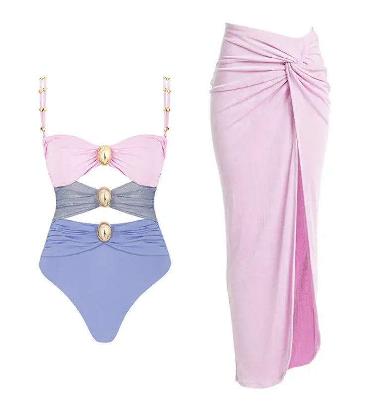 Morandi Pink Colorblock High-Waist Swimsuit Set