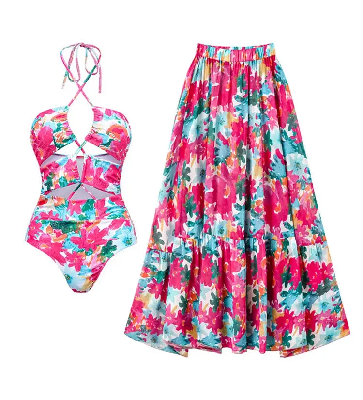 Print Cutout One Piece Swimsuit Set