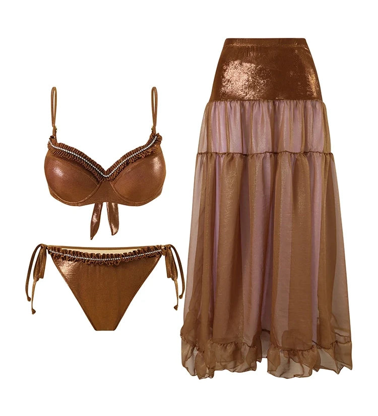 Ruched Tie Brown Glossy Bikini Set