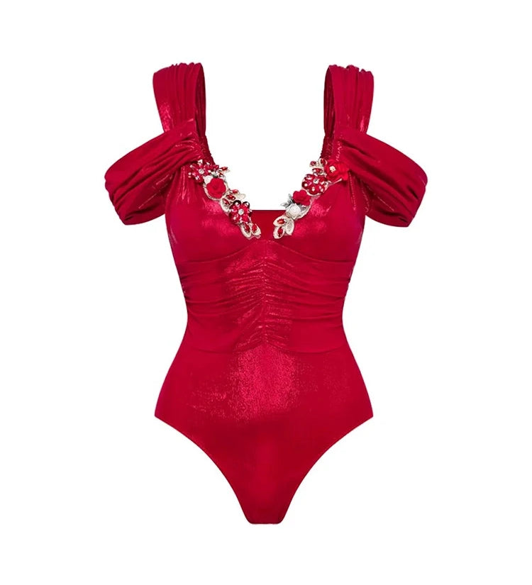 Red Glossy One-Piece with 3D Butterfly