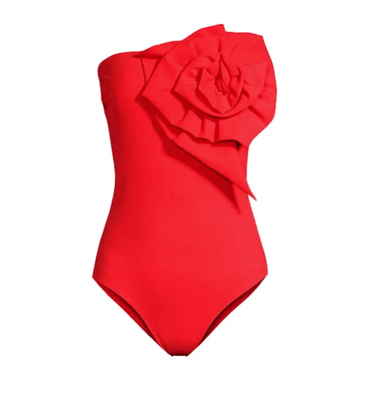 Strapless Floral Accent One-Piece Swimsuit Set