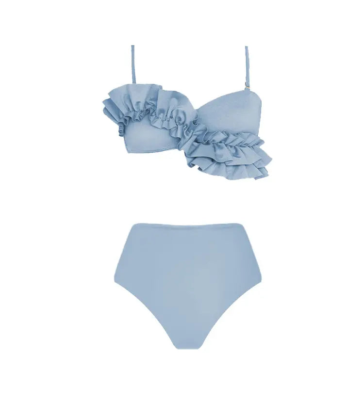 French Ruffle Solid Color Bikini Set