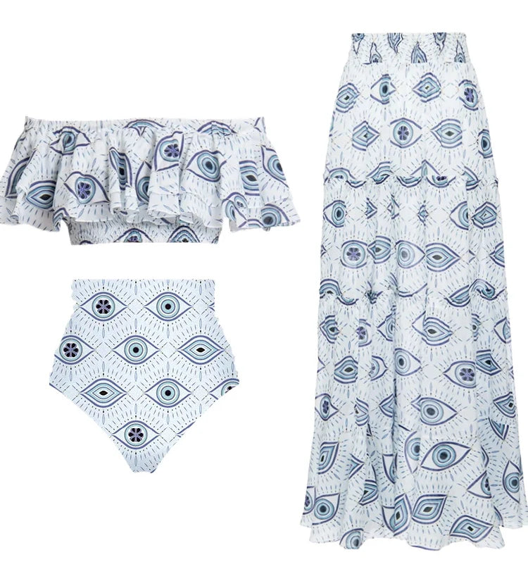 Ruffle Bandeau Evil Eye Bikini Set