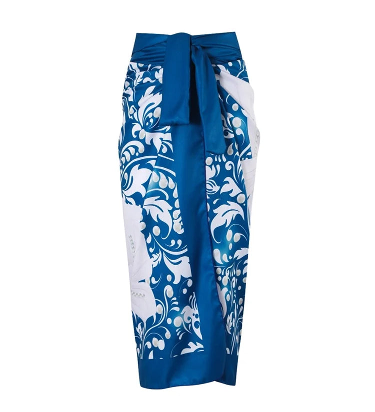 Blue Swimsuit Set Pearl Floral Accents