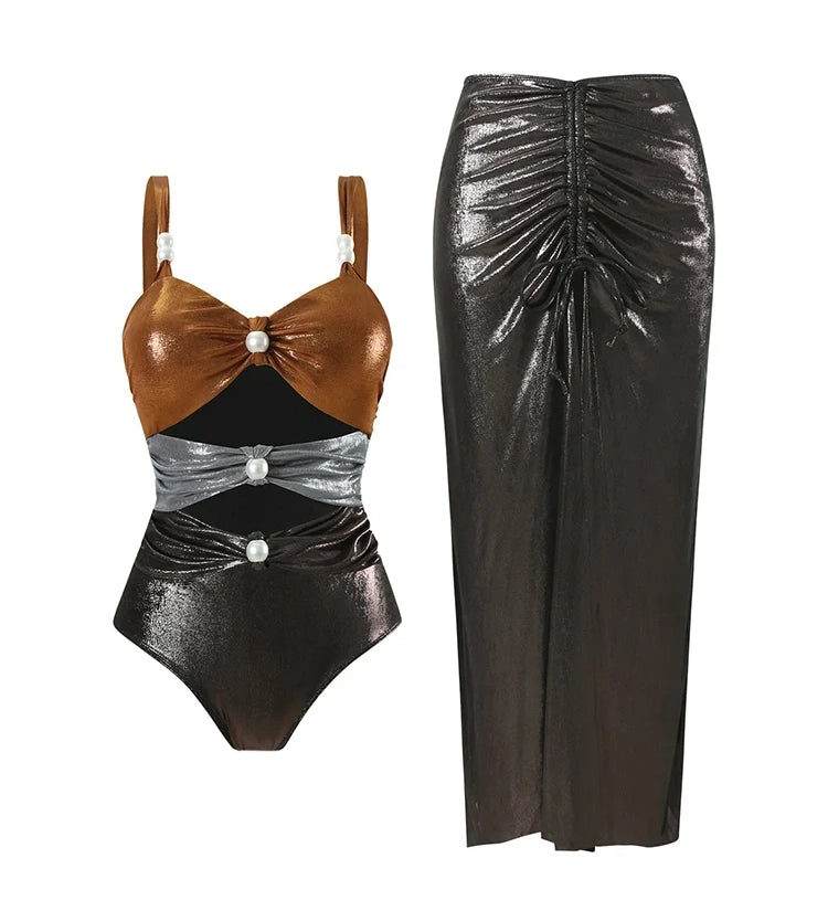Pearl Cutout Swimsuit with Wrap Skirt Set