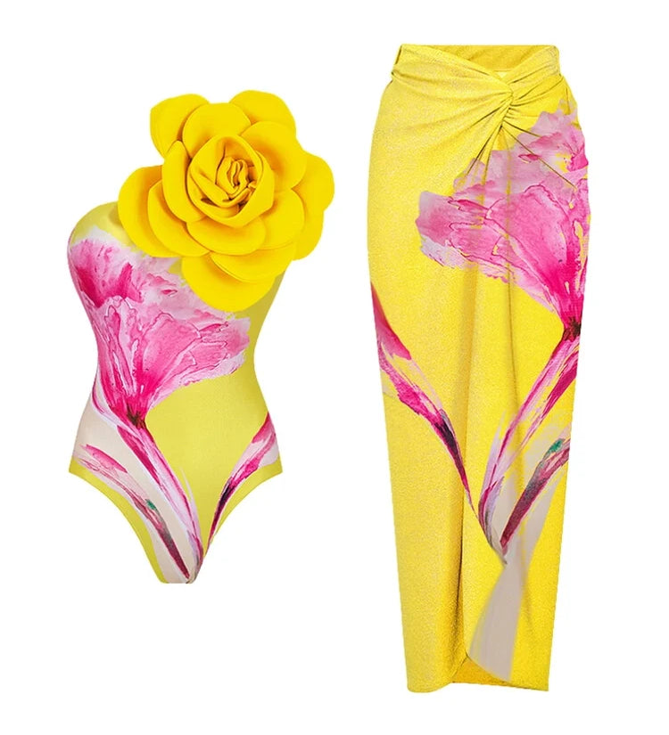 Floral Print Swimsuit with 3D Flower Detail