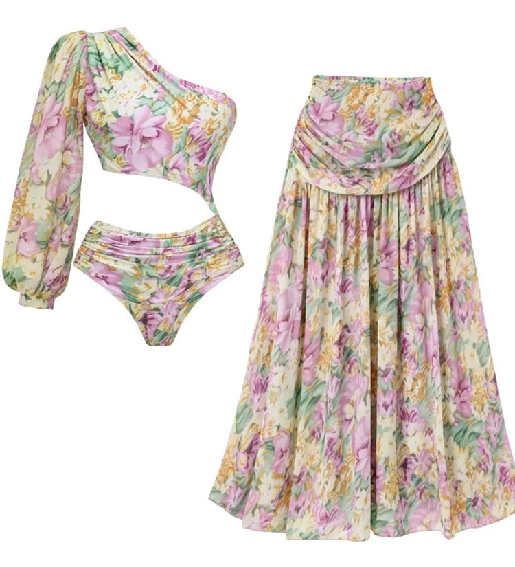 One Shoulder Cutout Floral Swimsuit Set