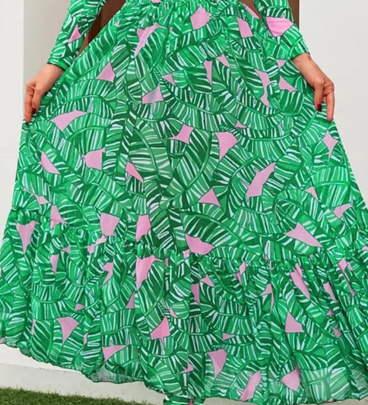 Green Zip Long Sleeve Printed Surf Swimsuit Set
