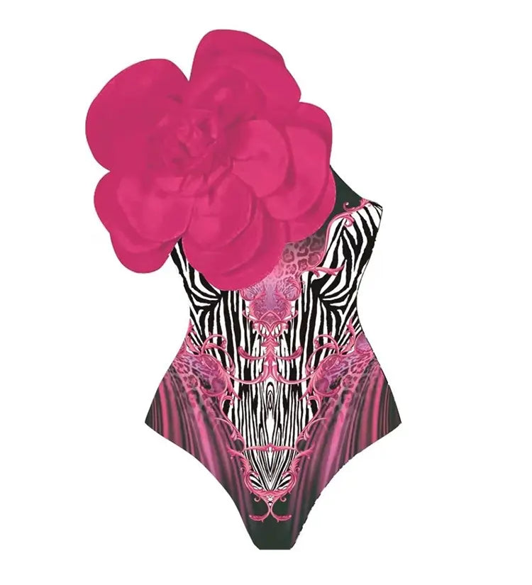 3D Fuchsia Floral Bust Decor Printed Swimsuit