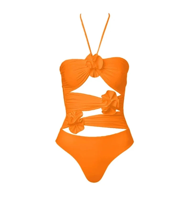 Halter 3D Floral Backless One Piece Swimsuit