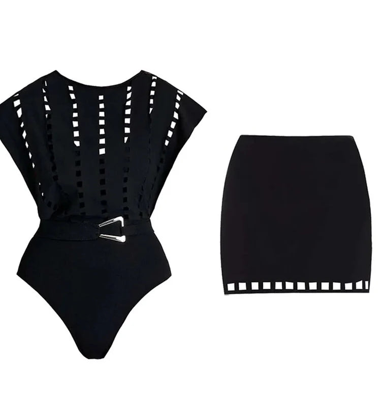 Sexy Cutout Swimsuit with Mini Skirt Set