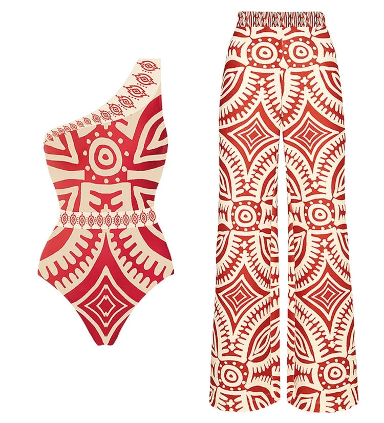 One Shoulder Ethnic Print One Piece Swimsuit