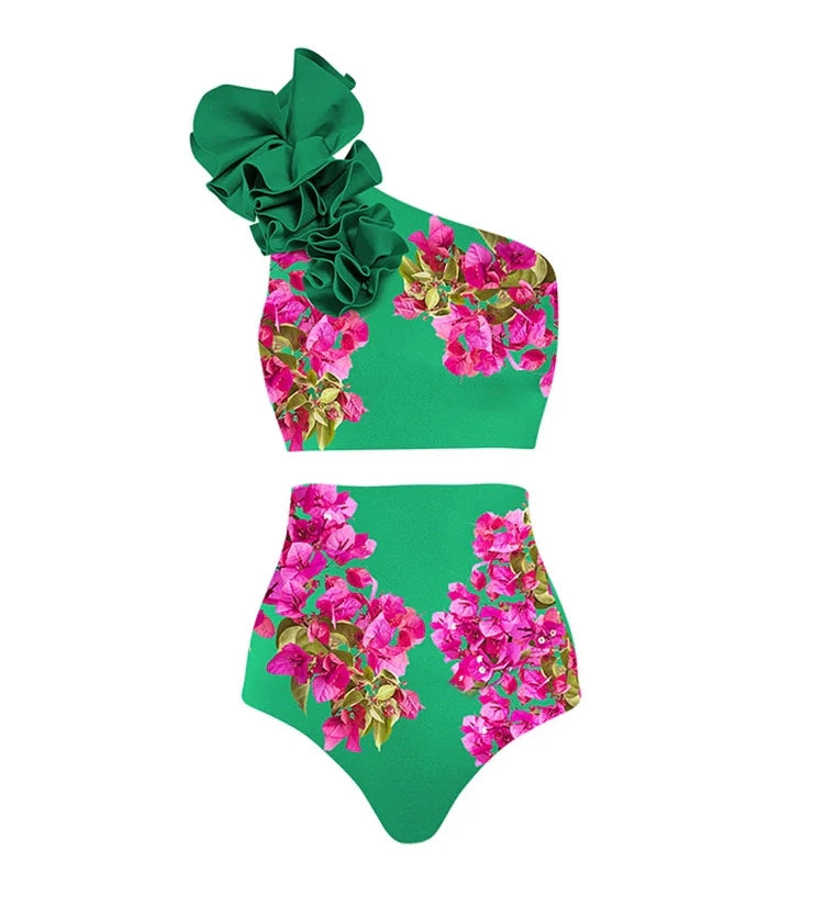 One-Shoulder Printed High-Waist Bikini Set