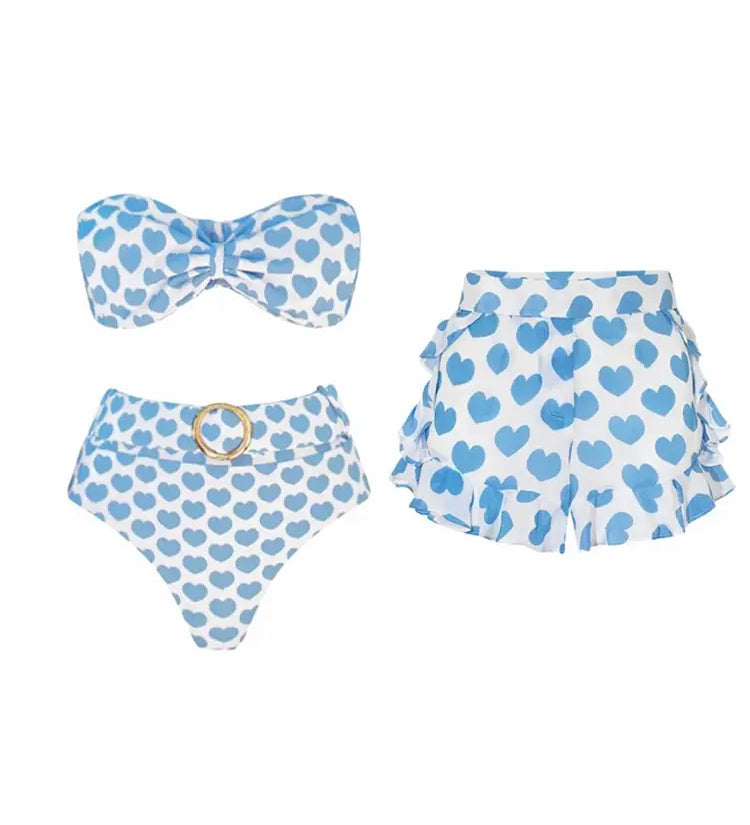 Heart Print Fresh Shorts Bikini Set