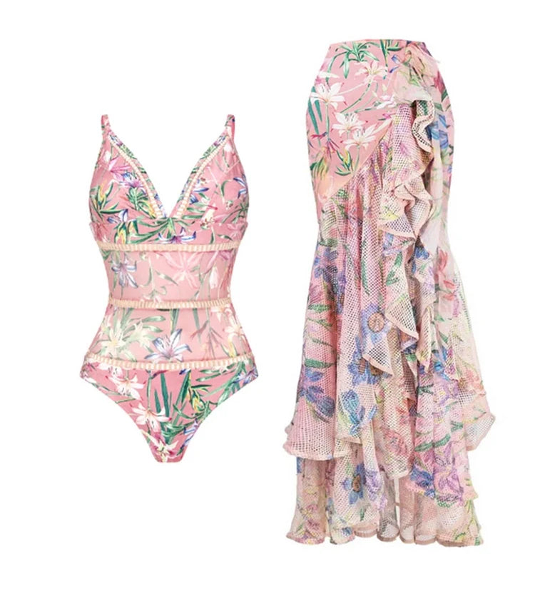 Mesh Patchwork Printed Swimsuit Set