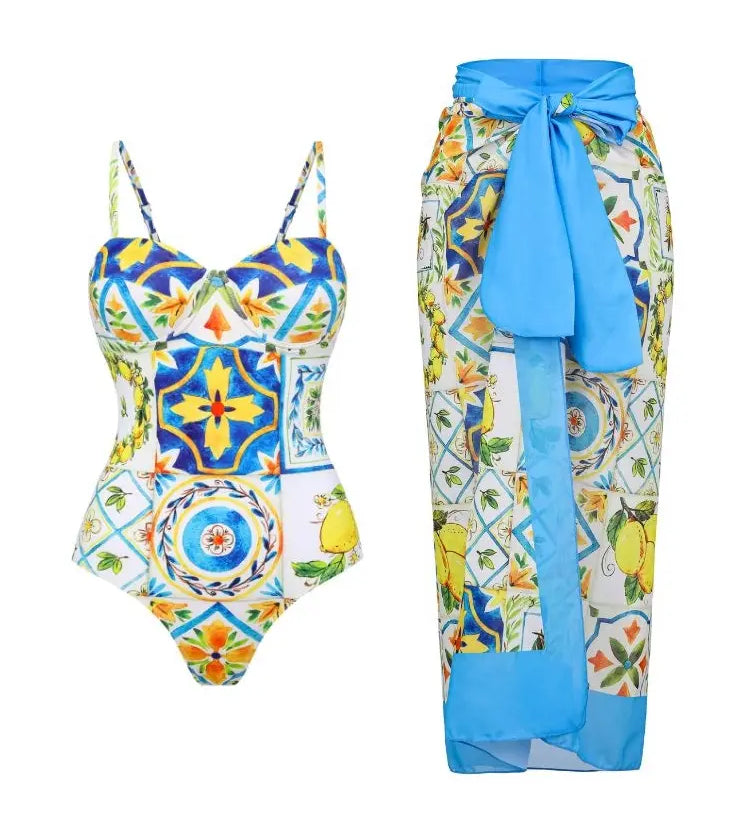 Lemon Print Backless One Piece Swimsuit Set