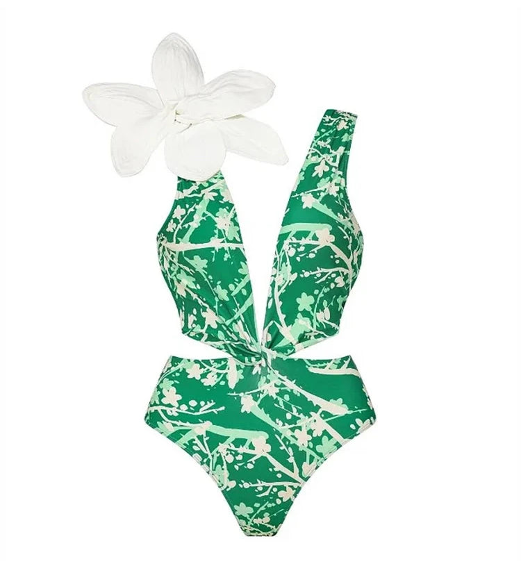 Floral Appliqué Green Printed One-Piece Swimsuit