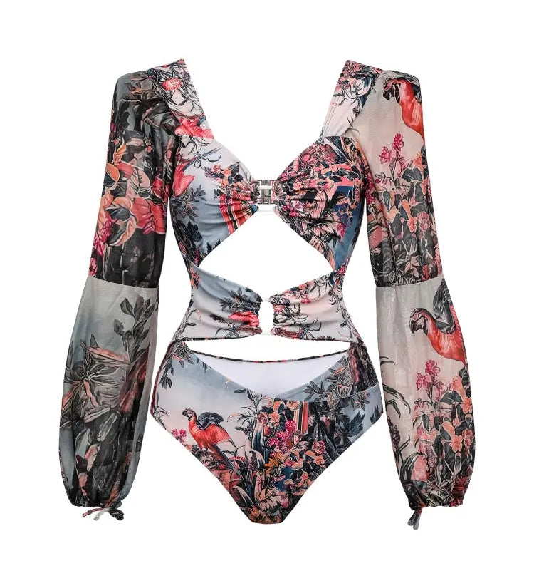 Vintage Print Cutout Swimsuit with Long Sleeves