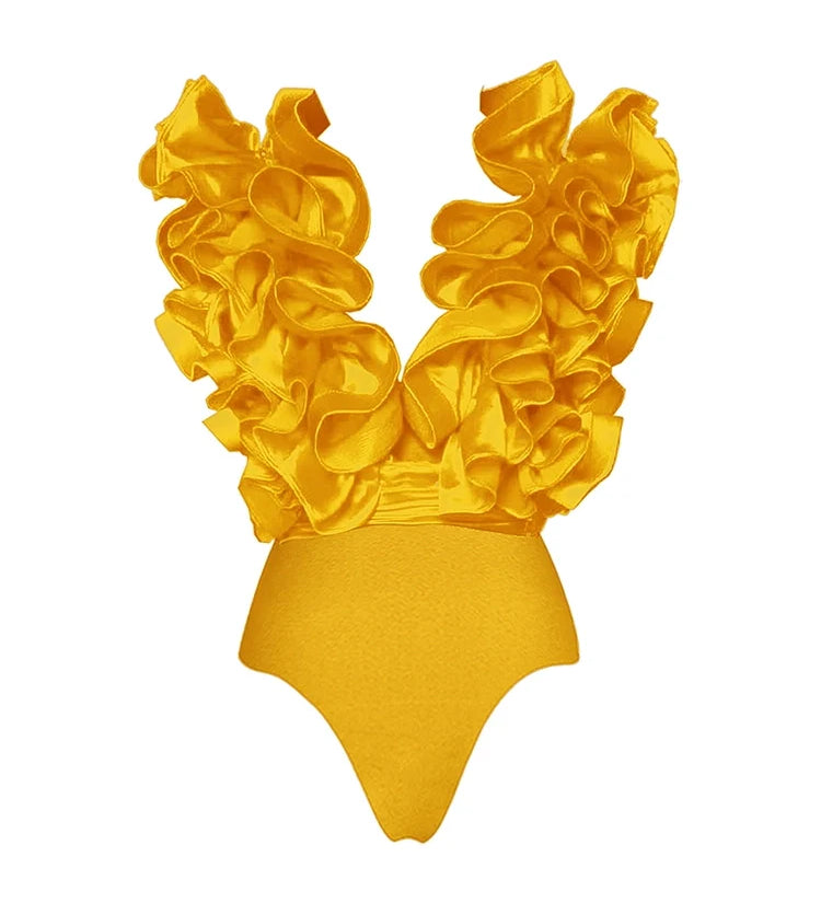 Ruffled V-Neck Yellow Swimsuit