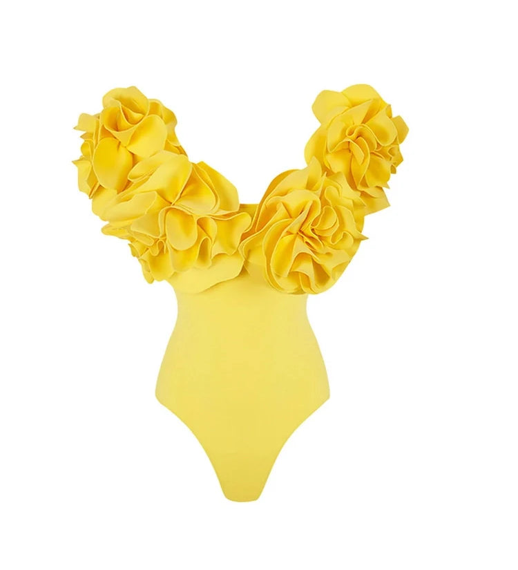 3D Floral Strapless Solid One-Piece Swimsuit
