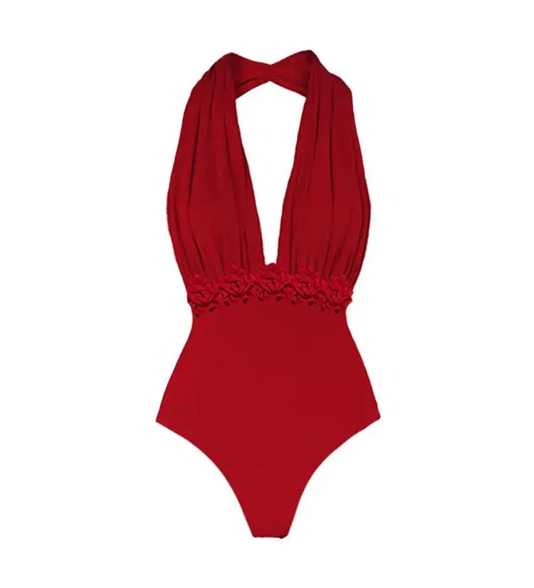 Deep V Halter Solid One Piece Swimsuit Set