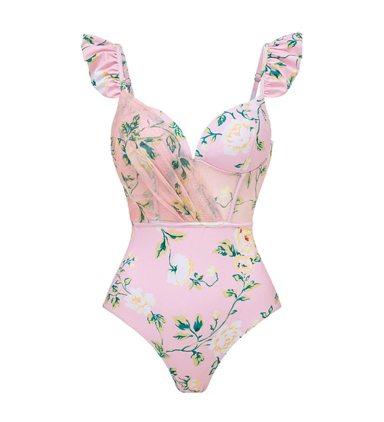 Pink Floral One-Piece with 3D Crystal Flowers